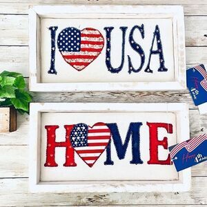 NWT 2 Noor-e-Noire Patriotic Cushioned Block Signs Tabletop Art Decor I Love USA